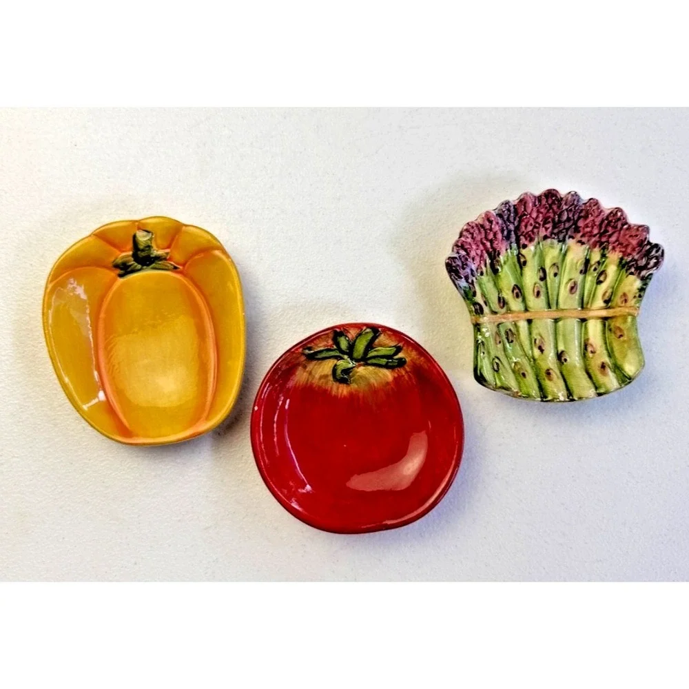 3 Pier 1 Hand Painted Veggie Plates Ironstone Tomato Pumpkin Asparagus Set Serve